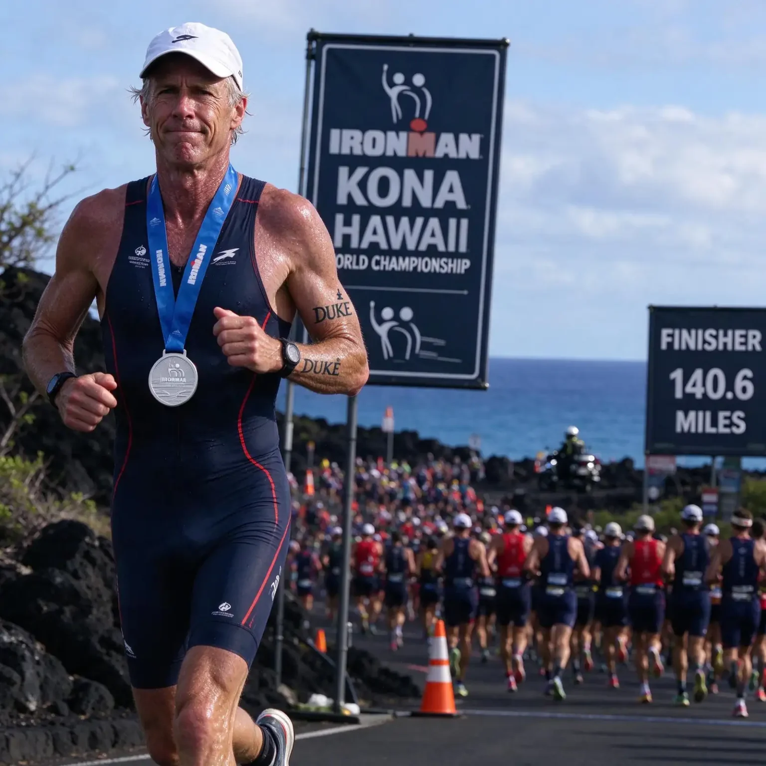 Triathlete wearing a finisher's medal running along a lava-rock coastline beside a Kona Ironman World Championship sign