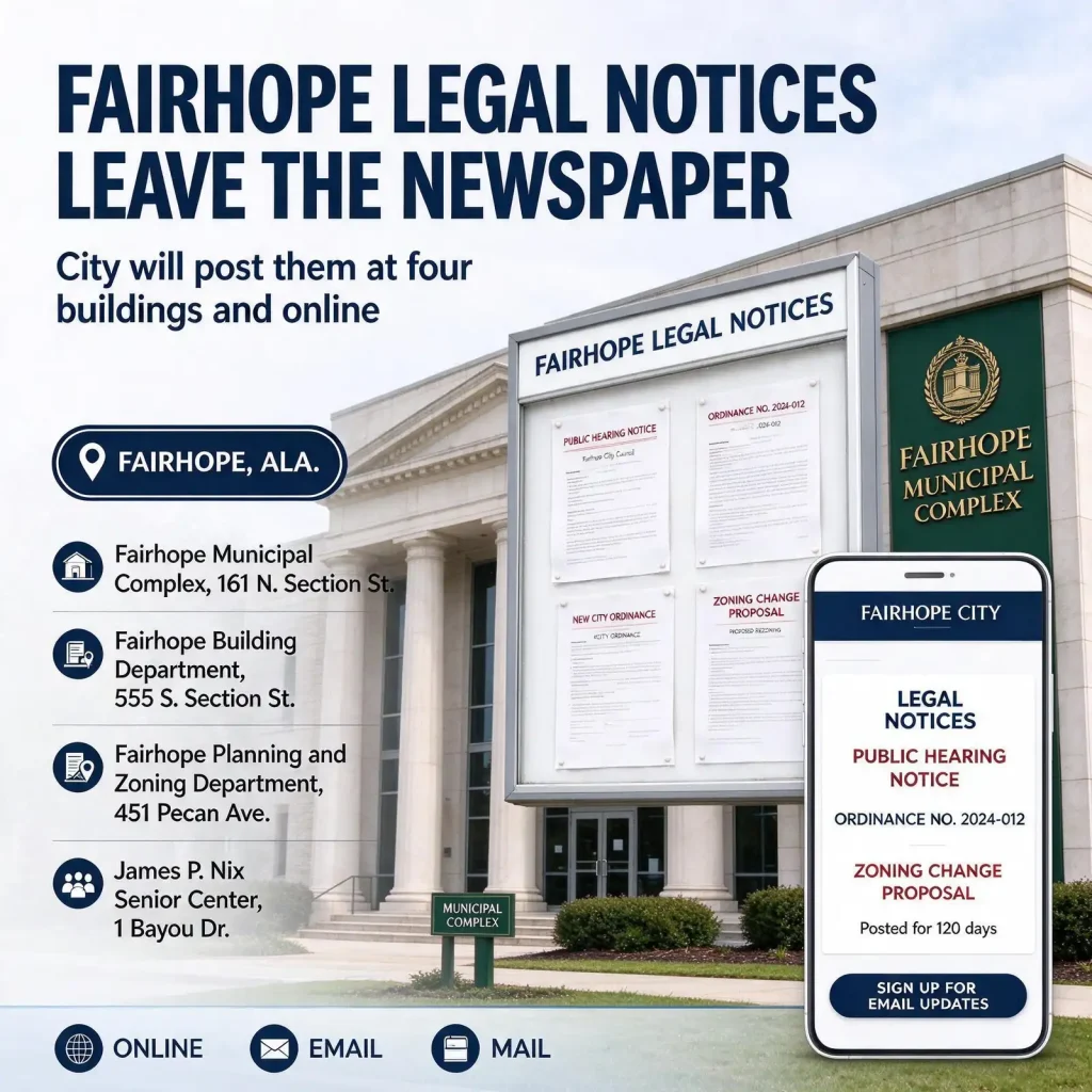 Illustration of official public notices pinned to a bulletin board inside a city government building in Fairhope, Alabama