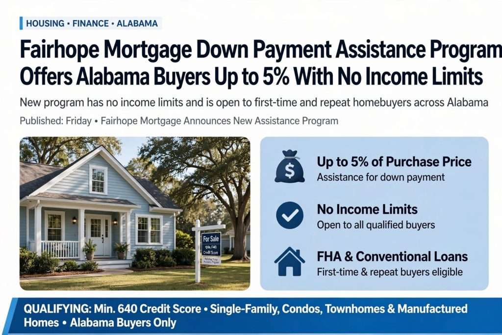 Illustration for the news story: Fairhope Mortgage Down Payment Assistance Program Offers Alabama Buyers Up to 5% With No Income Limits