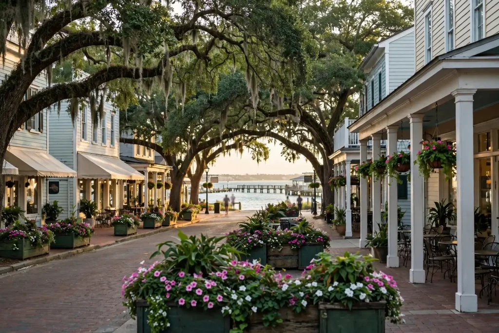 A tree-lined downtown street with shops and flower planters at sunset in a small Gulf Coast town