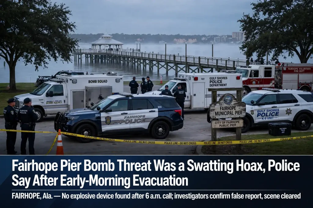 Illustration of police vehicles and caution tape at the entrance to a waterfront pier on Mobile Bay at sunrise, representing the Fairhope pier bomb threat response