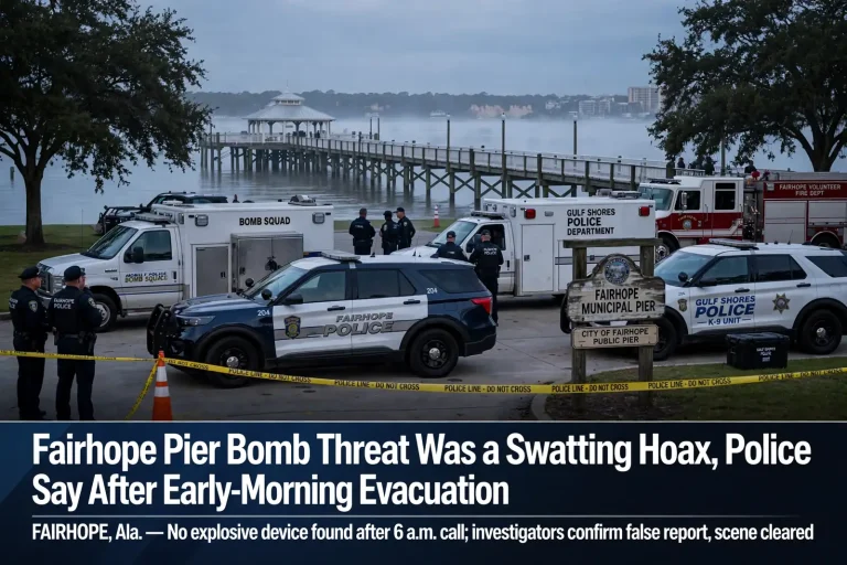 Illustration of police vehicles and caution tape at the entrance to a waterfront pier on Mobile Bay at sunrise, representing the Fairhope pier bomb threat response