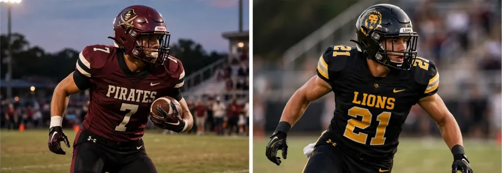 Two high school football players in maroon and black-and-gold uniforms running on a field during a night game