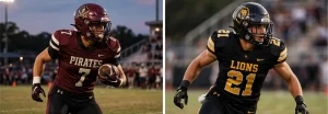 Two high school football players in maroon and black-and-gold uniforms running on a field during a night game