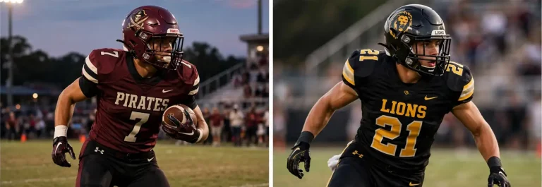 Two high school football players in maroon and black-and-gold uniforms running on a field during a night game