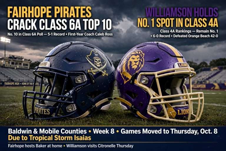 Illustration for the news story: Fairhope Pirates Crack Class 6A Top 10 as Williamson Holds No. 1 Spot in 4A Rankings