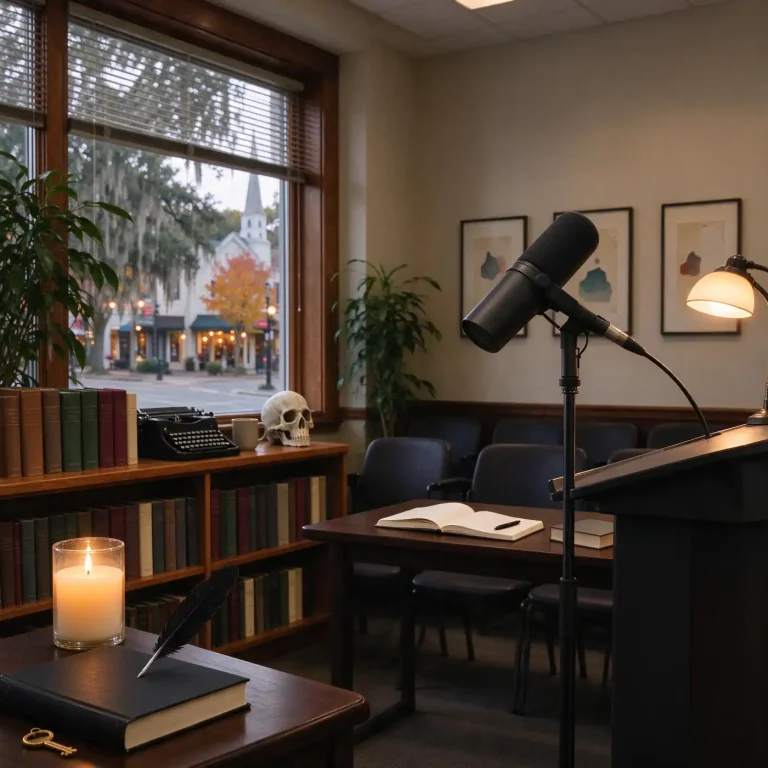 A reader stands at a microphone in a library meeting room as an audience listens