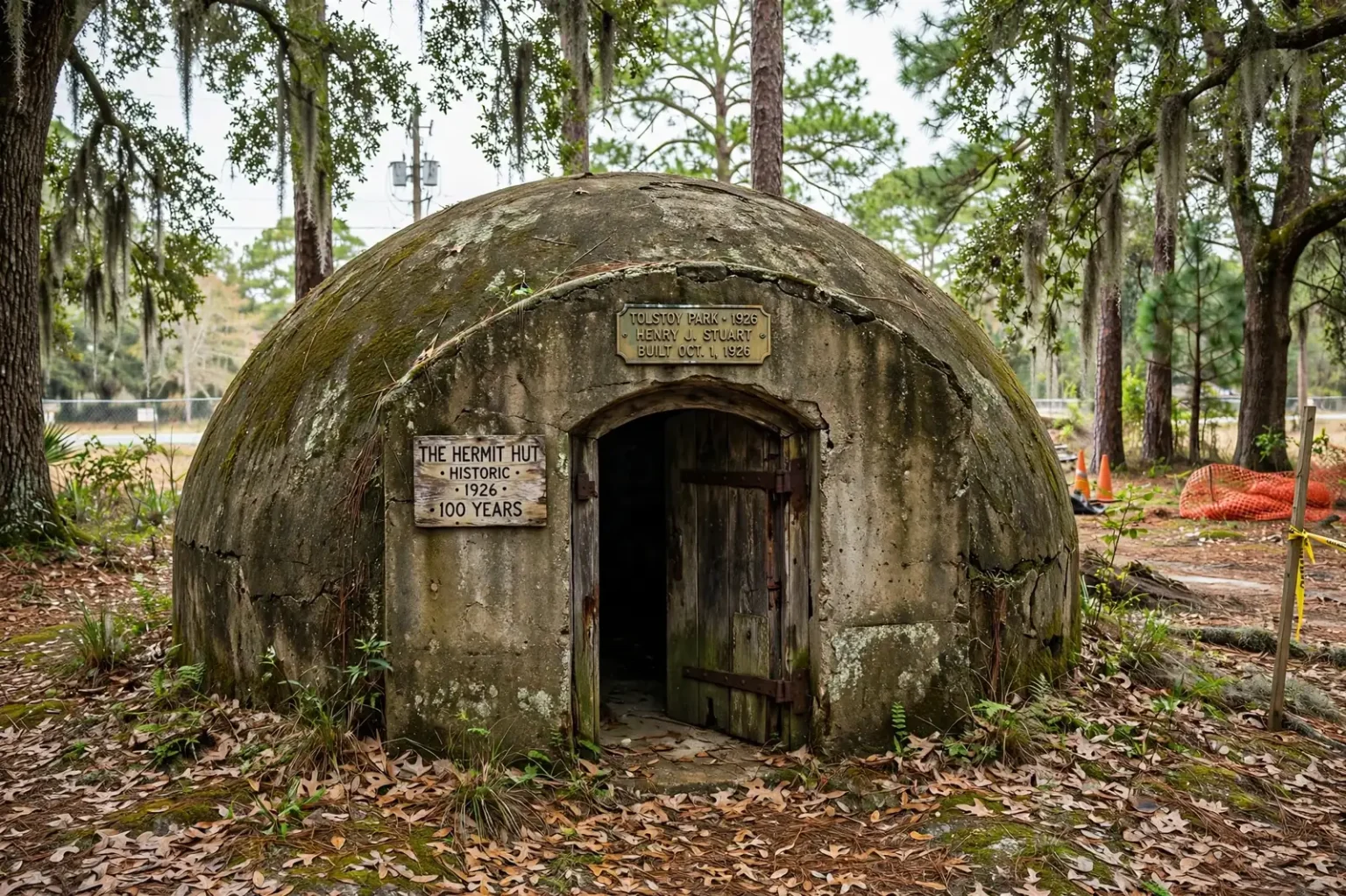 Small round concrete dome house surrounded by trees and greenery