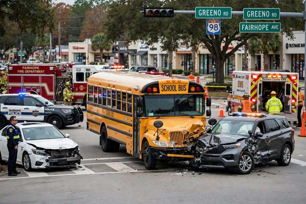 Illustration for the news story: Fairhope School Bus Crash at Fairhope Avenue and Greeno Road Sends One Person to Hospital