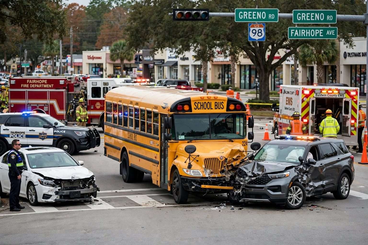 Illustration for the news story: Fairhope School Bus Crash at Fairhope Avenue and Greeno Road Sends One Person to Hospital