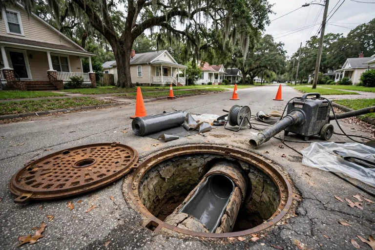 Open sewer manhole on a residential street with utility work equipment nearby