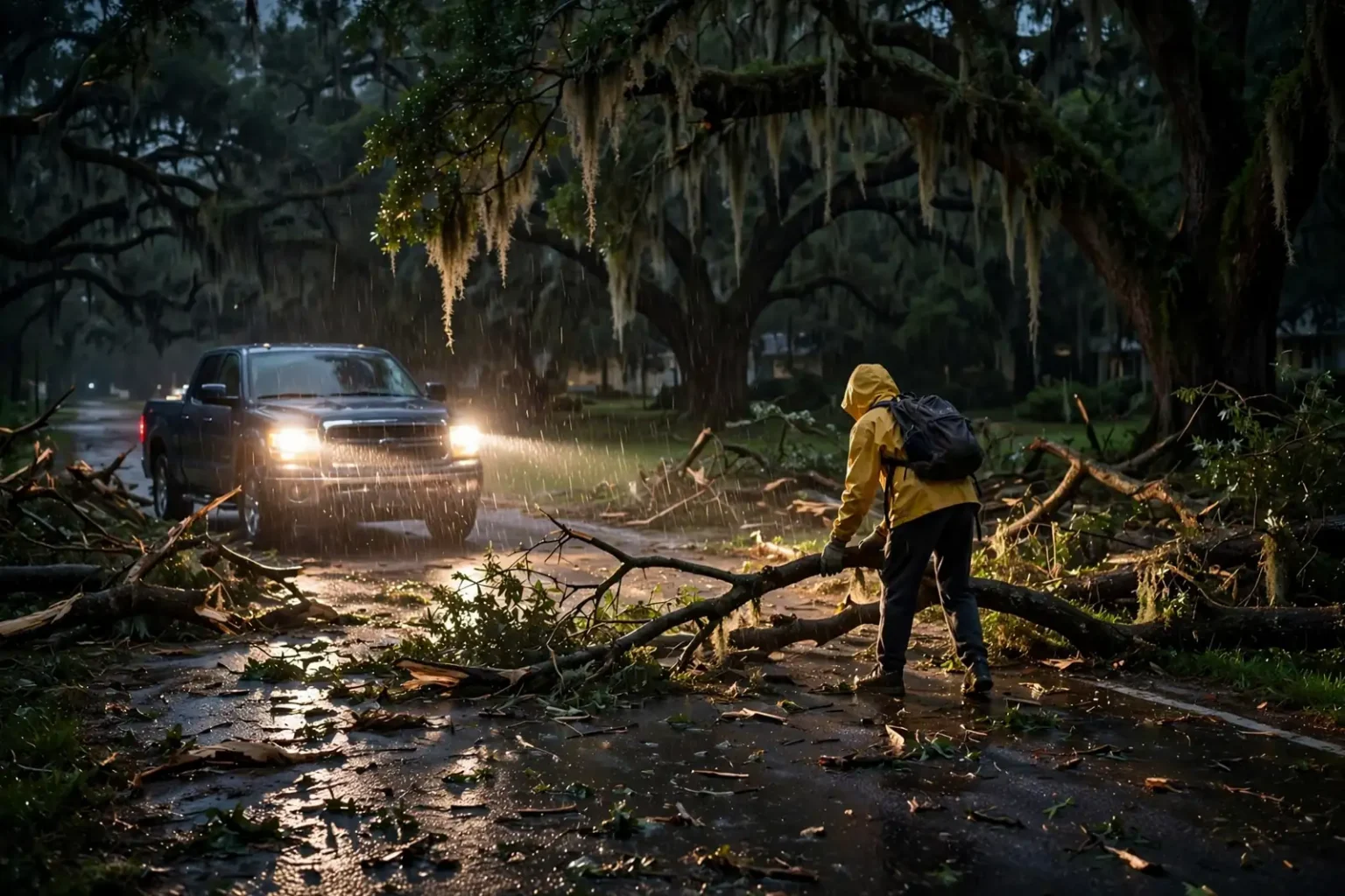 A person in a yellow rain jacket drags a fallen limb off a moss-draped Fairhope road at night, lit by pickup truck headlights during Hurricane Isaias.