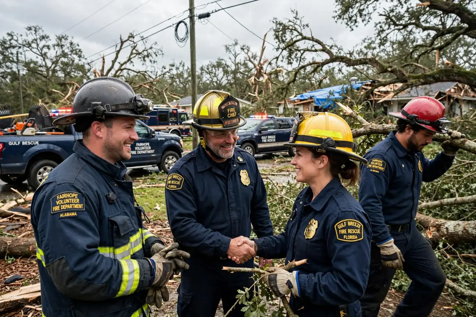 Volunteer firefighters in work clothes clearing fallen tree limbs and storm debris from a home's yard