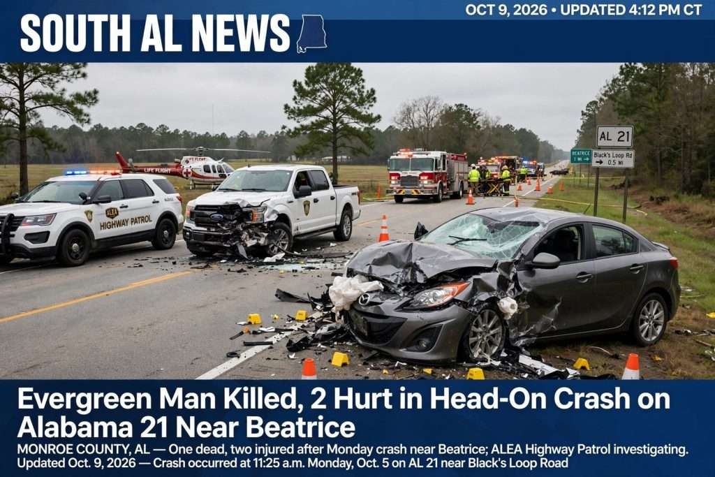 Illustration for the news story: Evergreen Man Killed, 2 Hurt in Head-On Crash on Alabama 21 Near Beatrice
