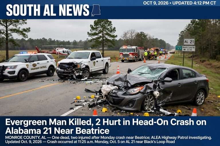 Illustration for the news story: Evergreen Man Killed, 2 Hurt in Head-On Crash on Alabama 21 Near Beatrice