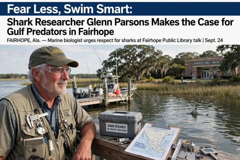 Illustration for the news story: Fear Less, Swim Smart: Shark Researcher Glenn Parsons Makes the Case for Gulf Predators in Fairhope