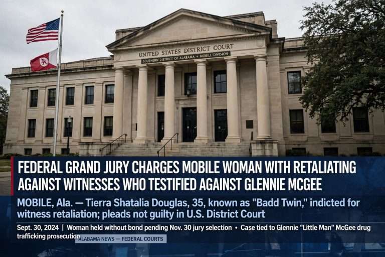 Illustration for the news story: Federal Grand Jury Charges Mobile Woman With Retaliating Against Witnesses Who Testified Against Glennie McGee