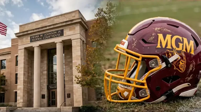 Federal courthouse exterior with a high school football helmet, illustrating the MGM lawsuit against AHSAA