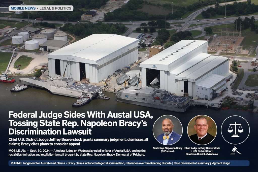 Illustration for the news story: Federal Judge Sides With Austal USA, Tossing State Rep. Napoleon Bracy’s Discrimination Lawsuit