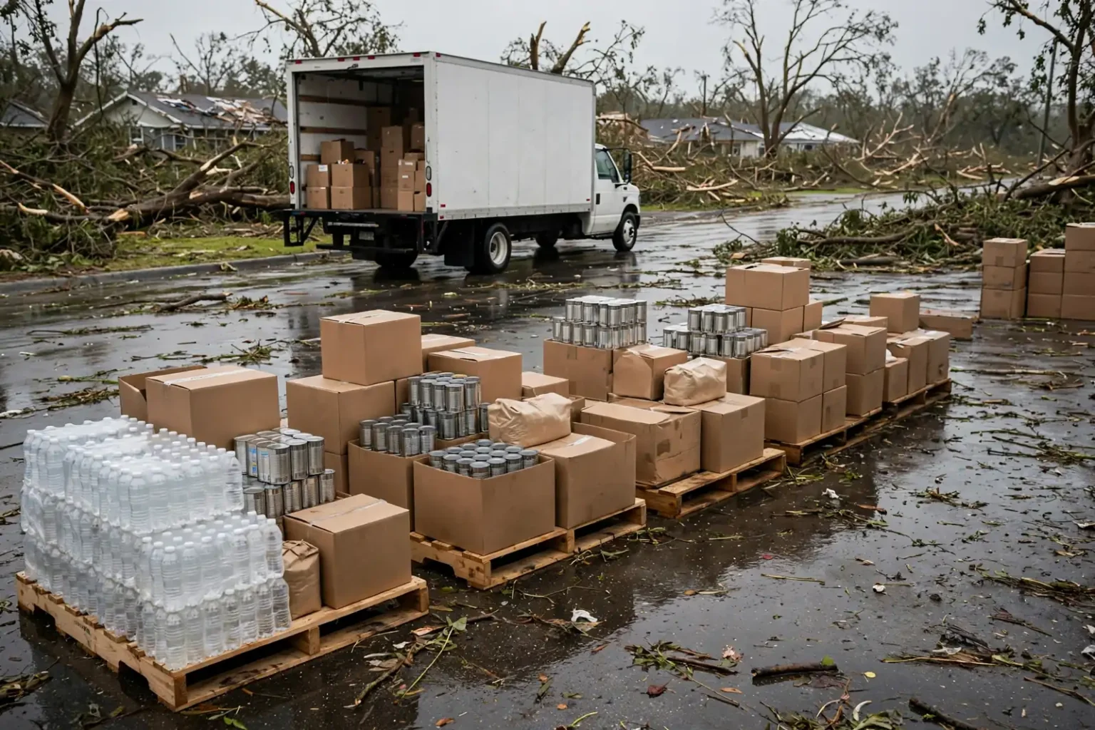 Pallets of bottled water, canned food and boxes lined up beside a box truck on a wet street lined with storm-damaged trees, part of Feeding the Gulf Coast's Isaias relief.