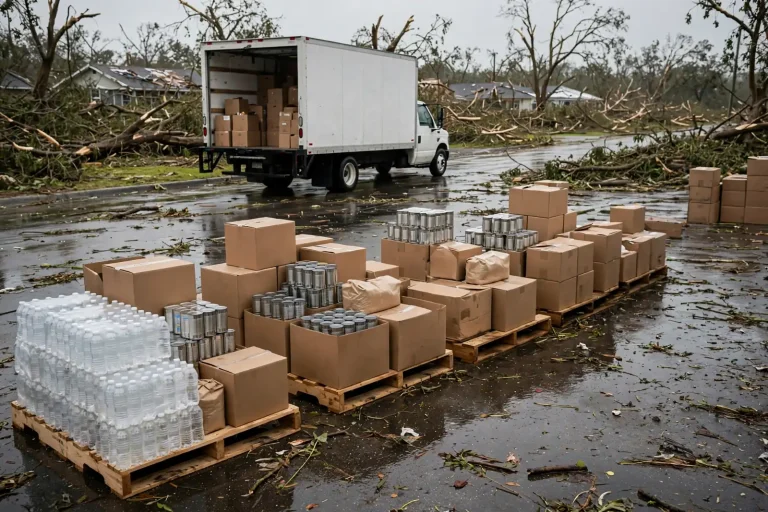 Pallets of bottled water, canned food and boxes lined up beside a box truck on a wet street lined with storm-damaged trees, part of Feeding the Gulf Coast's Isaias relief.