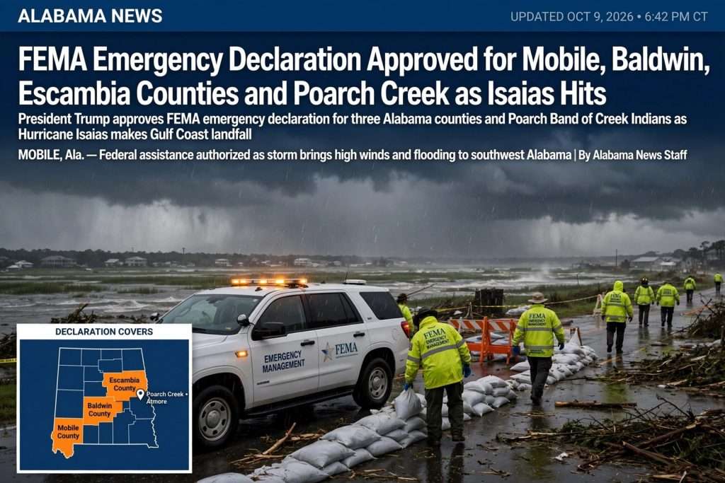 Illustration for the news story: FEMA Emergency Declaration Approved for Mobile, Baldwin, Escambia Counties and Poarch Creek as Isaias Hits
