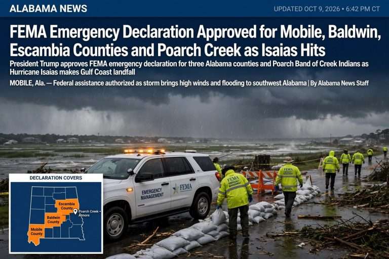 Illustration for the news story: FEMA Emergency Declaration Approved for Mobile, Baldwin, Escambia Counties and Poarch Creek as Isaias Hits