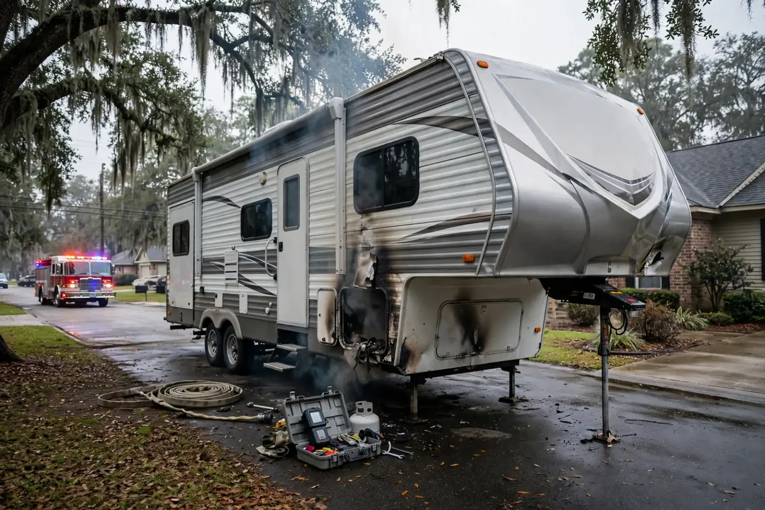 Propane cylinders mounted on the front of a fifth-wheel camper parked beside a house