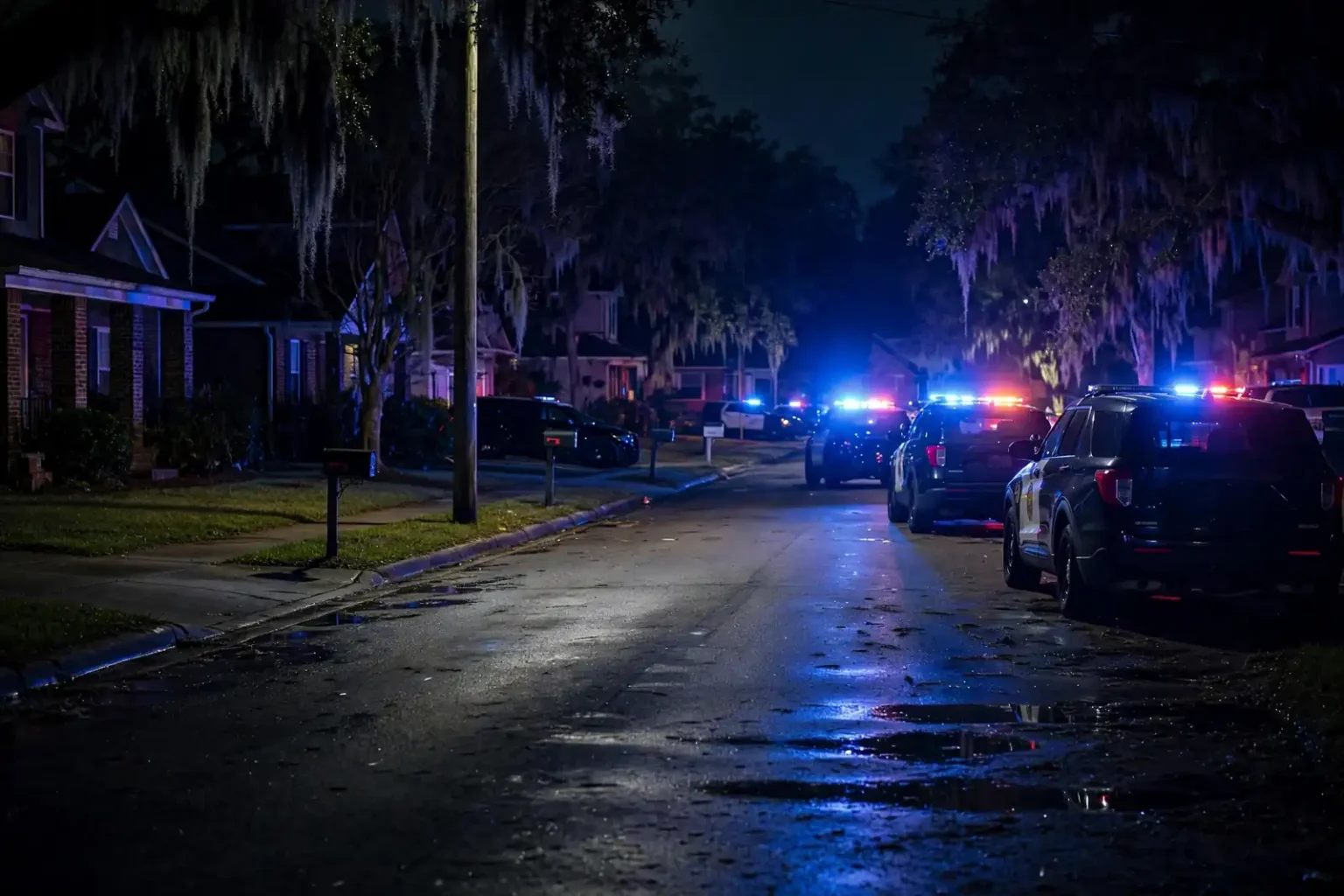 Mobile Police Department patrol car with emergency lights on at night