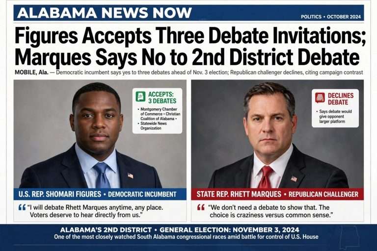 Illustration for the news story: Figures Accepts Three Debate Invitations; Marques Says No to 2nd District Debate