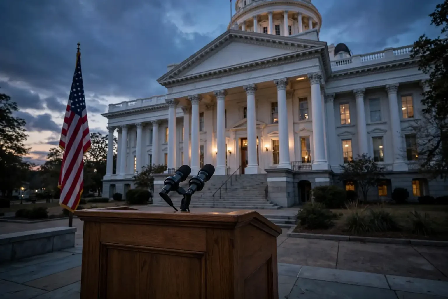 Illustration of a statehouse building and campaign setting representing the Alabama 2nd Congressional District race
