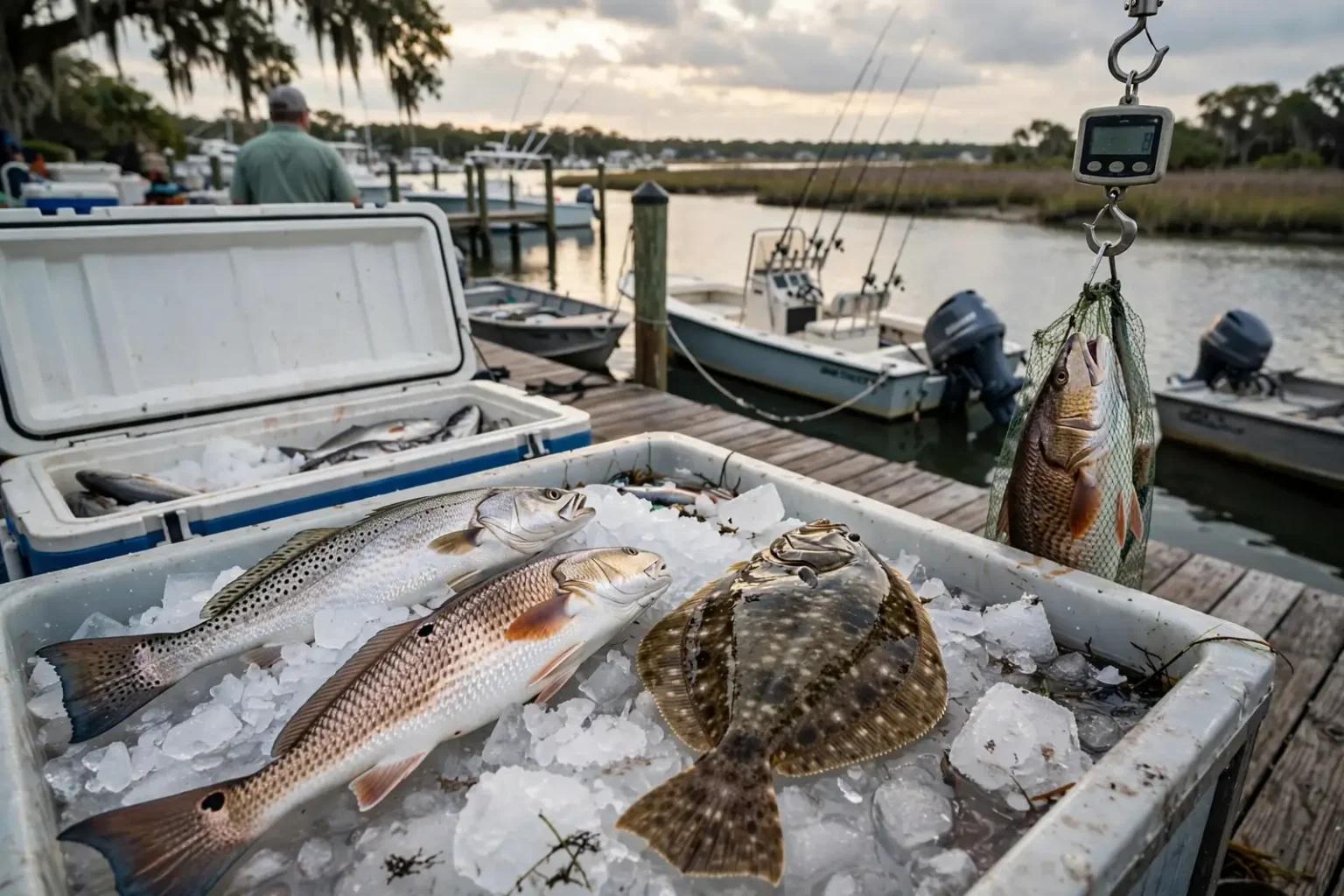 Angler holding a spotted redfish on a boat in coastal Alabama waters