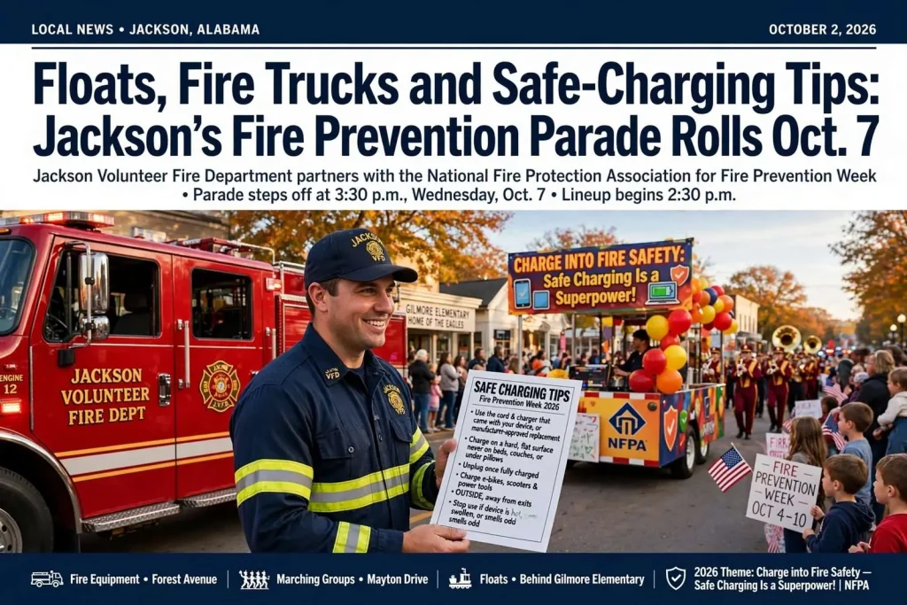 Illustration for the news story: Floats, Fire Trucks and Safe-Charging Tips: Jackson’s Fire Prevention Parade Rolls Oct. 7