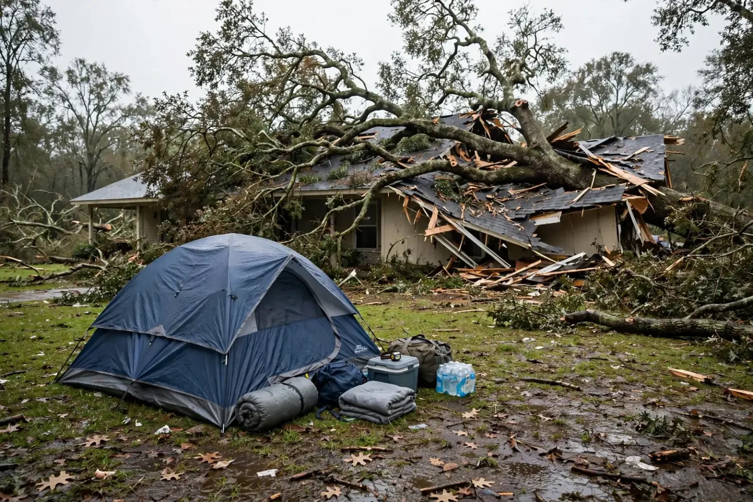 A large oak tree lies across a damaged house roof as a tent, sleeping bag and bottled water sit in the yard after Hurricane Isaias in Flomaton