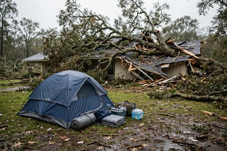 A large oak tree lies across a damaged house roof as a tent, sleeping bag and bottled water sit in the yard after Hurricane Isaias in Flomaton
