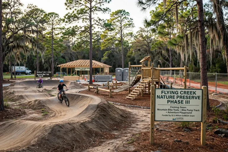 Illustration of a wooded park with a dirt bike pump track, mountain bike trail and pavilion representing Phase III of Fairhope's Flying Creek Nature Preserve