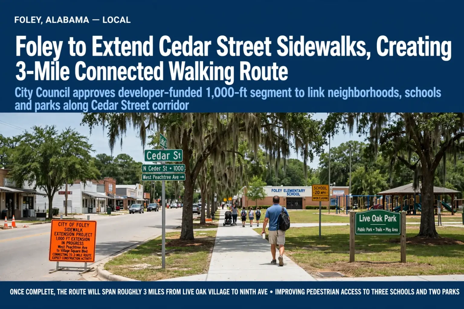 Tree-lined sidewalk along Cedar Street in Foley with a pedestrian walking toward a park