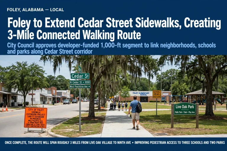 Tree-lined sidewalk along Cedar Street in Foley with a pedestrian walking toward a park