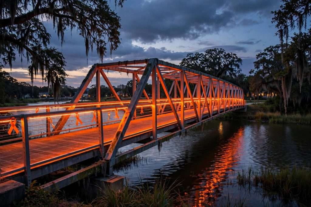Small-city pedestrian bridge glowing with orange lights against an evening sky