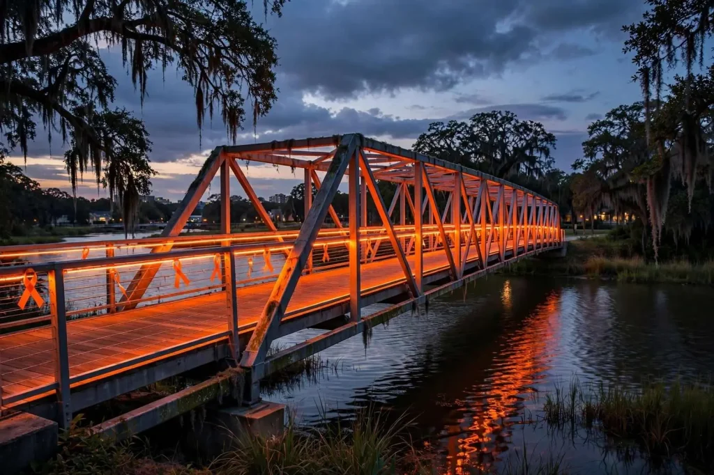 Small-city pedestrian bridge glowing with orange lights against an evening sky