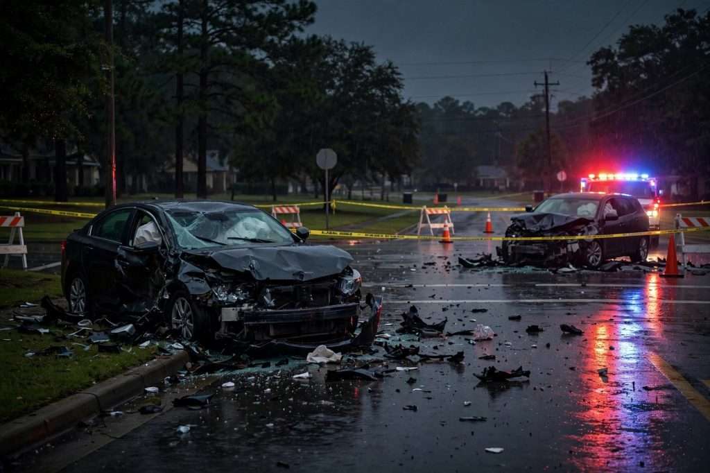 Flashing police lights reflecting on a wet road at a quiet intersection at night