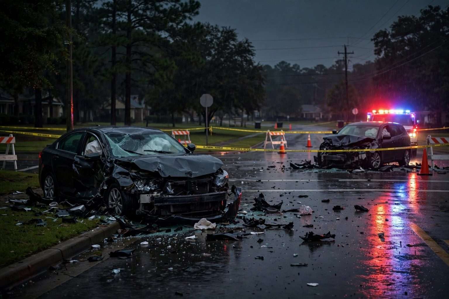 Flashing police lights reflecting on a wet road at a quiet intersection at night