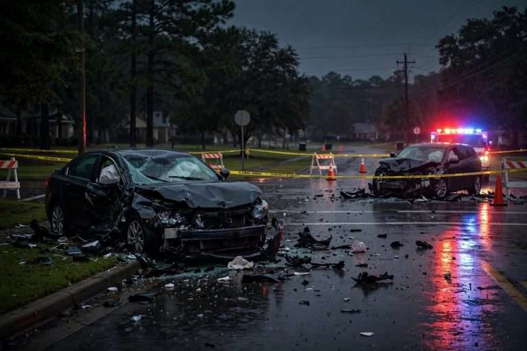 Flashing police lights reflecting on a wet road at a quiet intersection at night