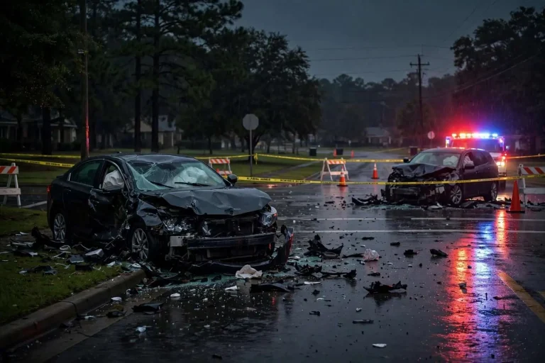 Flashing police lights reflecting on a wet road at a quiet intersection at night