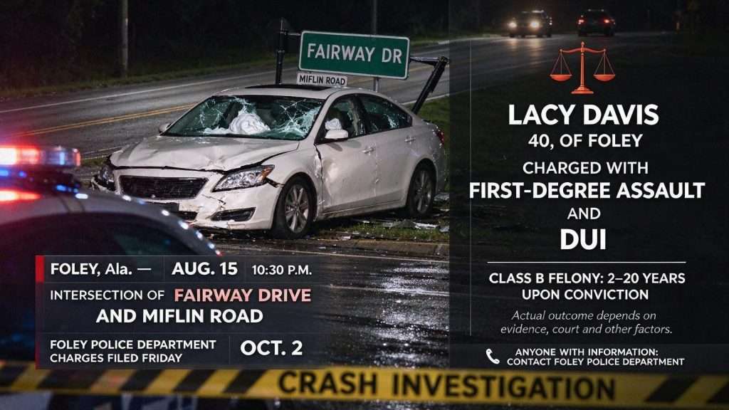 Illustration for the news story: Foley DUI Crash: Woman Charged With First-Degree Assault After August Wreck Seriously Injures Driver