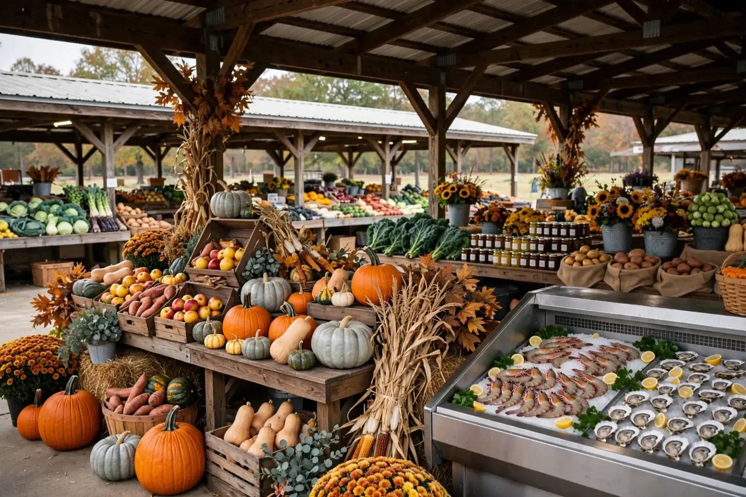 Covered farmers market stalls with pumpkins, squash, greens, jars of preserves and a seafood case of shrimp and oysters, evoking the Foley Harvest Festival
