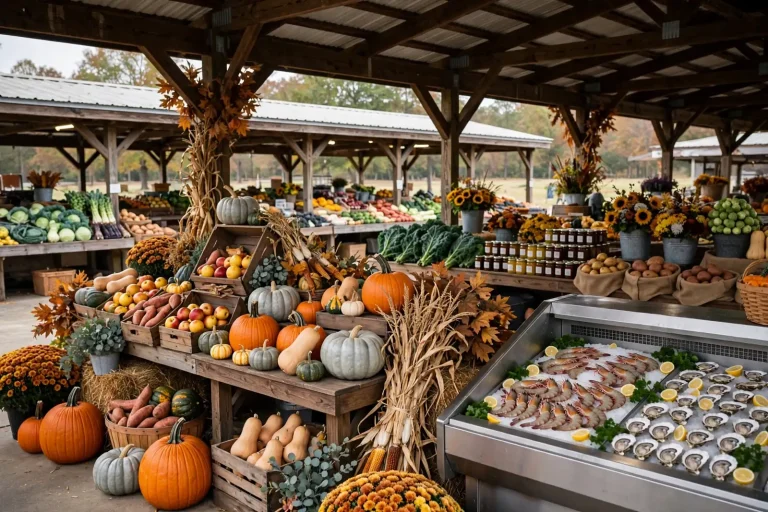 Covered farmers market stalls with pumpkins, squash, greens, jars of preserves and a seafood case of shrimp and oysters, evoking the Foley Harvest Festival