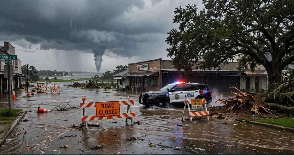 Flooded street in Foley with Road Closed barricades, a police SUV in high water, an uprooted tree and a funnel cloud in the distance