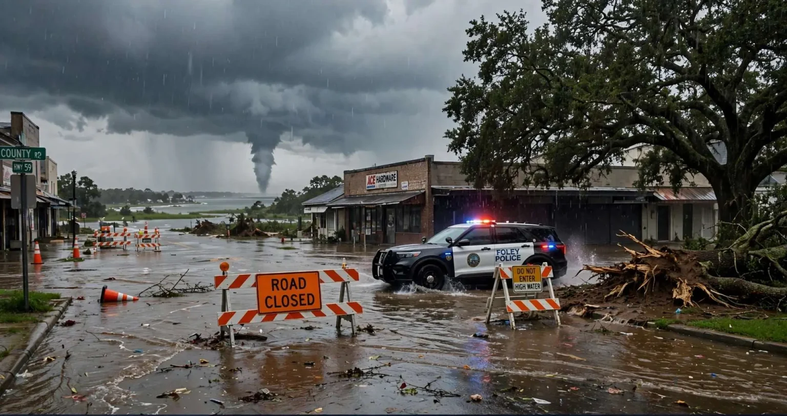 Flooded street in Foley with Road Closed barricades, a police SUV in high water, an uprooted tree and a funnel cloud in the distance