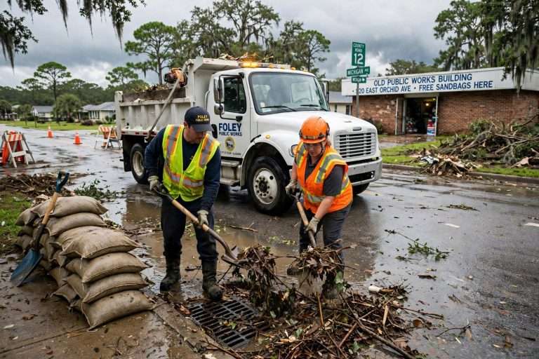 Illustration for the news story: Foley Flooding: Roads Reopen as Crews Clear Drains Ahead of More Heavy Rain